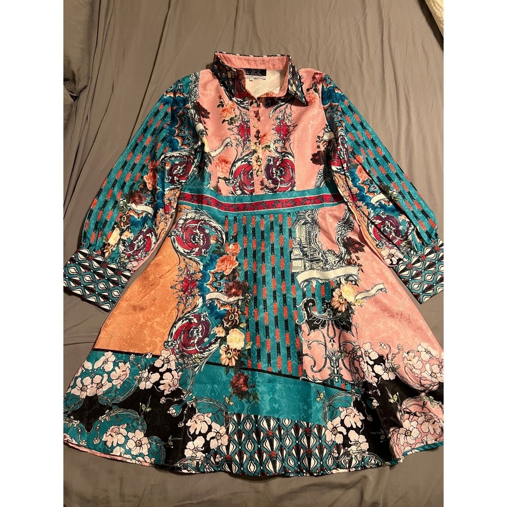 RARE Dalia MacPhee Floral Print Mini Shirt Dress Long Sleeve Pink Green Women's - Picture 3 of 10